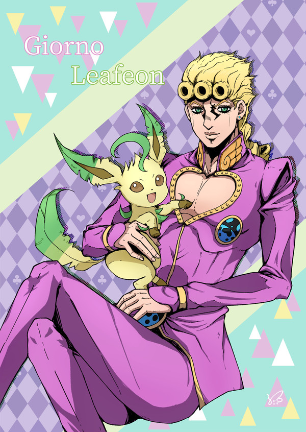 ahoge argyle_background argyle_clothes blonde_hair bug cleavage_cutout clothing_cutout clover club_(shape) diamond_(shape) earrings gen_4_pokemon giorno_giovanna heart huge_ahoge insect jacket jewelry jojo_no_kimyou_na_bouken ladybug leafeon nintendo pants pectoral_cleavage pectorals pink_jacket pink_pants pokemon pokemon_(creature) spade stud_earrings tail triangle wings
