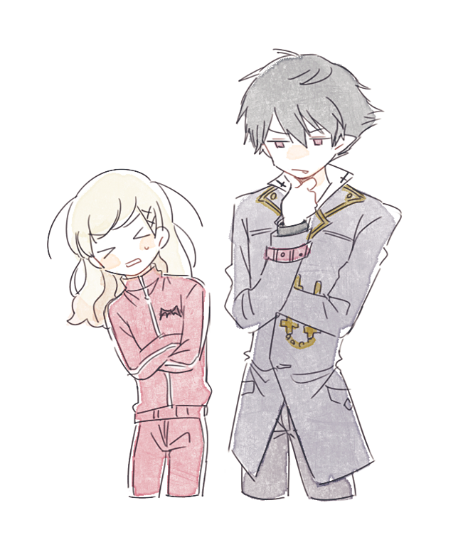 1boy 1girl animal_print arne_neuntote arne_no_jikenbo bat_print beads black_coat black_hair blonde_hair blush_stickers buttons closed_mouth coat collared_coat collared_jacket collared_shirt commentary_request cropped_legs cross cross_print fang fang_out frown furrowed_brow grey_pants hair_ornament hairclip hand_on_own_arm hand_on_own_chin height_difference high_collar jacket lapels leaning_to_the_side long_hair looking_at_another loose_hair_strand lynn_reinweiss notched_lapels open_mouth pants pocket pointy_ears red_eyes red_jacket red_pants shirt short_hair shuntaro_(tya_nya0000) simple_background standing sweatdrop sweatpants thinking track_jacket wavy_mouth white_background white_shirt x_hair_ornament zipper zipper_pull_tab