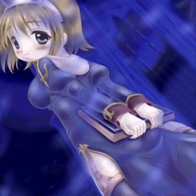1girl 2000s_(style) animal_ears arms_behind_back badbullet blonde_hair blue_background blue_dress blue_thighhighs blush book breasts closed_mouth cowboy_shot dress fake_animal_ears garter_straps grey_eyes holding holding_book juliet_sleeves large_breasts long_sleeves looking_at_viewer looking_back lowres priest_(ragnarok_online) puffy_sleeves ragnarok_online short_hair sideboob smile solo thighhighs