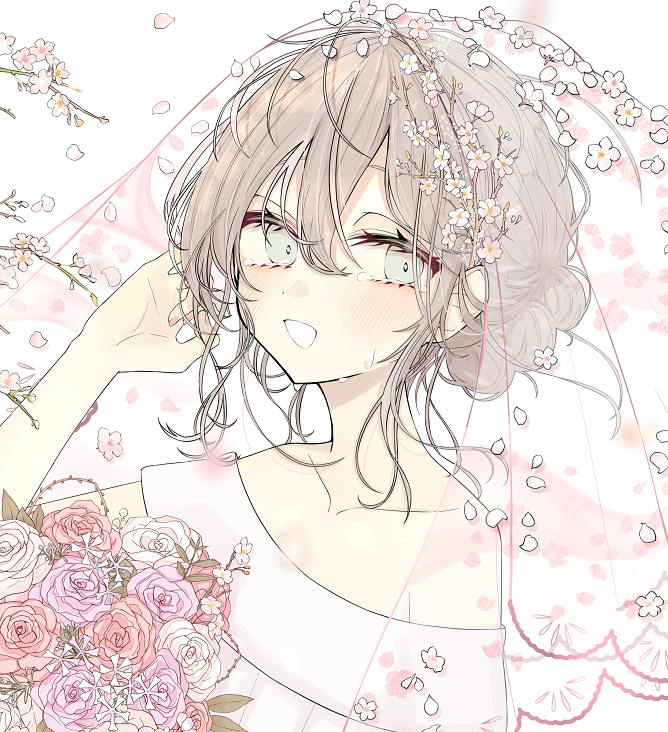 1girl :d arm_up bare_shoulders blue_eyes blush bouquet bridal_veil collarbone commentary_request dress falling_petals flower grey_hair hair_bun hand_up holding holding_bouquet looking_at_viewer off-shoulder_dress off_shoulder open_mouth original petals pink_flower pink_veil see-through_clothes see-through_veil short_hair sidelocks smile solo tearing_up tears tono.co tree upper_body veil wedding_dress white_background white_dress white_flower white_petals