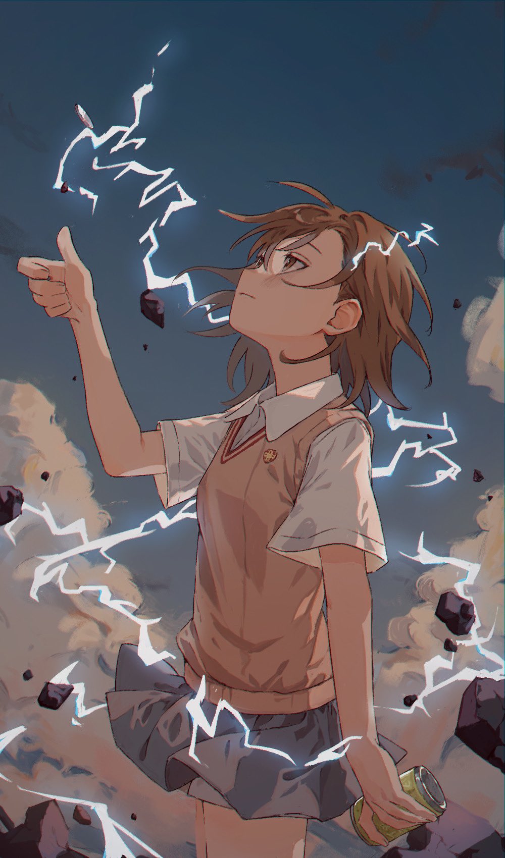 1girl blue_sky brown_hair brown_sweater_vest can coin electricity electrokinesis highres holding holding_coin magnetism misaka_mikoto psychic railgun_(misaka_mikoto) school_emblem school_uniform shirt short_hair shorts shorts_under_skirt skirt sky solo solo_focus summer_uniform sweater_vest toaru_kagaku_no_railgun toaru_majutsu_no_index tokiwadai_school_uniform tomoja_rs white_shirt