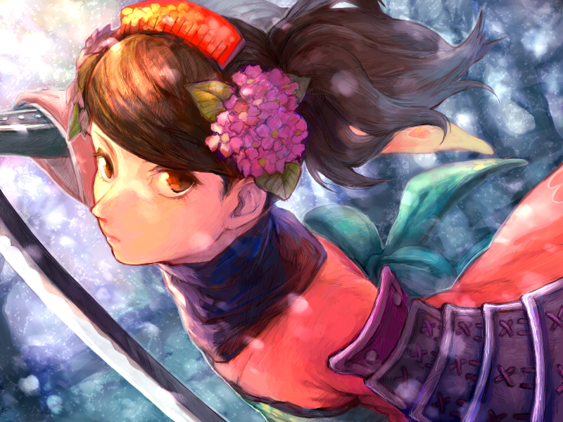 1girl armor brown_eyes brown_hair closed_mouth comb flower hair_flower hair_ornament hatching_(texture) holding holding_sword holding_weapon japanese_armor katana long_hair looking_at_viewer momohime mossan351 oboro_muramasa painterly pauldrons pink_flower shoulder_armor single_pauldron sode solo sword upper_body vambraces weapon