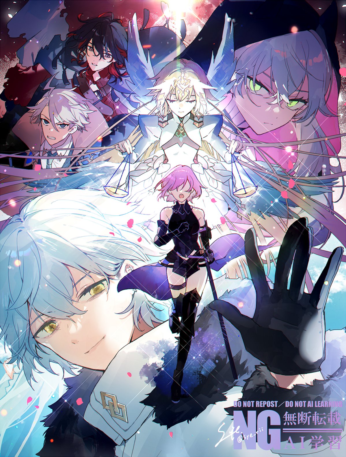 3boys 3girls black_gloves black_hair blonde_hair dante_alighieri_(fate) fate/grand_order fate_(series) feathered_wings gloves green_eyes highres hood james_moriarty_(ruler)_(fate) jeanne_d'arc_(fate) kadoc_zemlupus lilith_(fate) lilith_(first_ascension)_(fate) long_hair mash_kyrielight mash_kyrielight_(demi-servant) metatron_jeanne_(fate) metatron_jeanne_(third_ascension)_(fate) multiple_boys multiple_girls pink_hair red_hair short_hair signature syerii twitter_username white_hair wings yellow_eyes