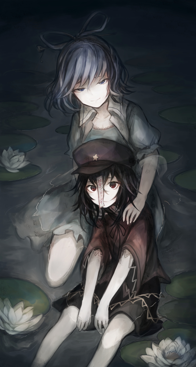 2girls black_hair black_skirt blue_dress blue_eyes blue_hair commentary cover_image dress eyebrows_hidden_by_hair flat_cap flower full_body hair_between_eyes hair_ornament hair_rings hairpin hand_on_another&#039;s_shoulder hasunokaeru hat highres jiangshi kaku_seiga looking_at_viewer lotus miyako_yoshika multiple_girls ofuda puffy_short_sleeves puffy_sleeves purple_headwear red_eyes red_shirt seiza shirt short_hair short_sleeves sitting skirt star_(symbol) touhou tsurime v_arms water