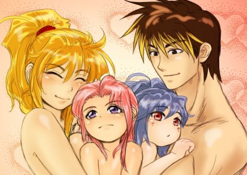 3girls :o aged_down alfimi artist_request banpresto blonde_hair blue_hair breasts closed_eyes excellen_browning facial_mark family kyousuke_nanbu large_breasts lemon_browning lowres multicolored_hair multiple_girls nude ponytail smile spoilers streaked_hair super_robot_wars super_robot_wars_impact super_robot_wars_original_generation