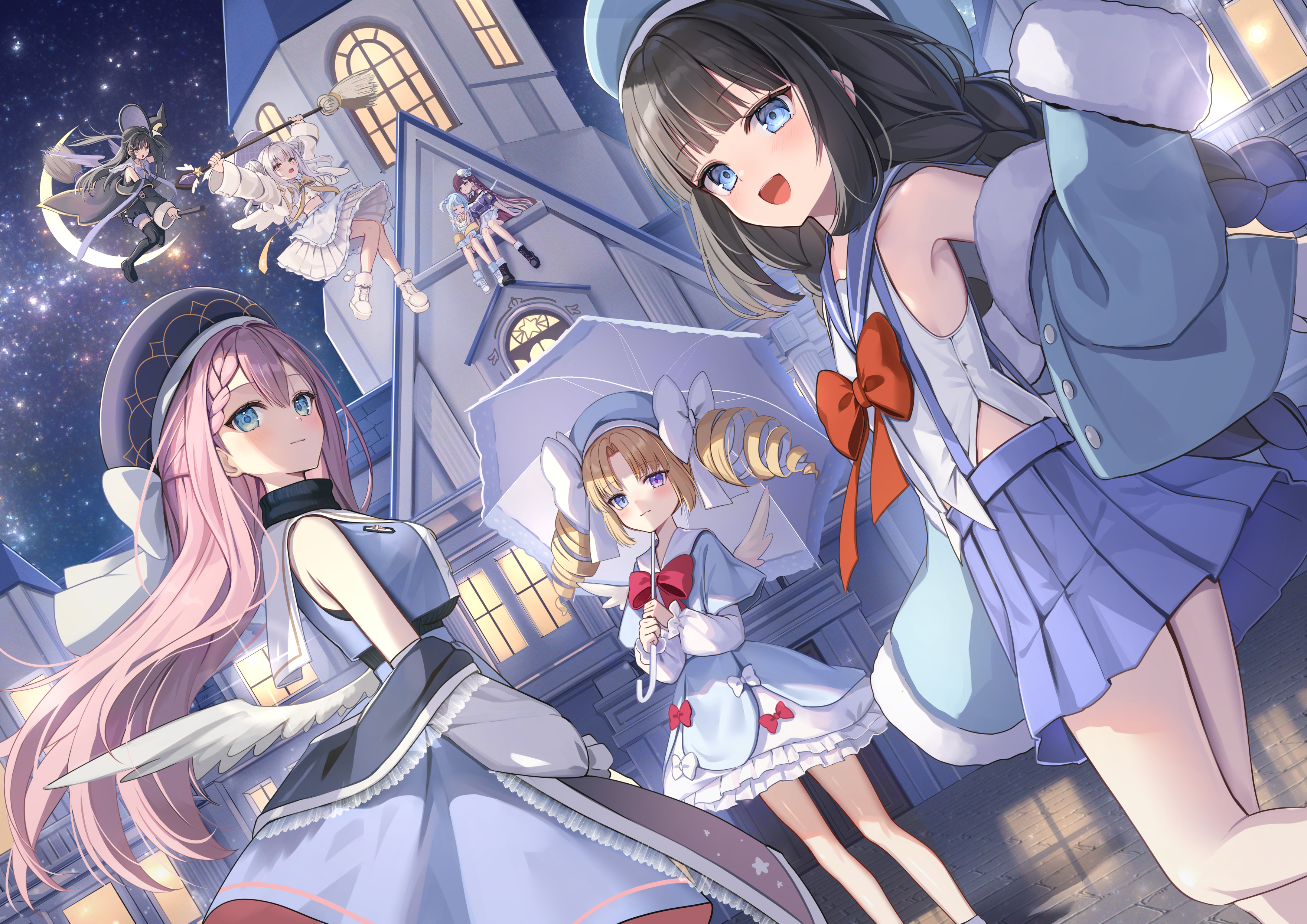 6+girls :d absurdres angel_wings arms_up beret black_boots black_coat black_hair black_hat black_thighhighs blonde_hair blue_capelet blue_eyes blue_hat blue_jacket blue_sailor_collar boots bow bow_skirt bowtie braid braided_bangs broom broom_riding capelet character_request closed_eyes closed_mouth coat commentary_request copyright_request double_bun drill_hair floating_hair flying frilled_skirt frills fur-trimmed_jacket fur_trim fuyoyo hair_bun hat highres holding holding_broom holding_umbrella jacket layered_skirt leaning_on_person long_sleeves looking_at_viewer miniskirt multiple_girls night night_sky off_shoulder one_side_up open_clothes open_jacket open_mouth outdoors pink_hair pleated_skirt purple_eyes red_bow red_bowtie sailor_collar shirt sidelocks sitting skirt sky sleeveless sleeveless_shirt sleeves_past_fingers sleeves_past_wrists smile standing star_(sky) starry_sky suspender_skirt suspenders thighhighs twin_braids twin_drills umbrella white_boots white_hair white_sailor_collar white_shirt white_skirt white_wings wings witch_hat