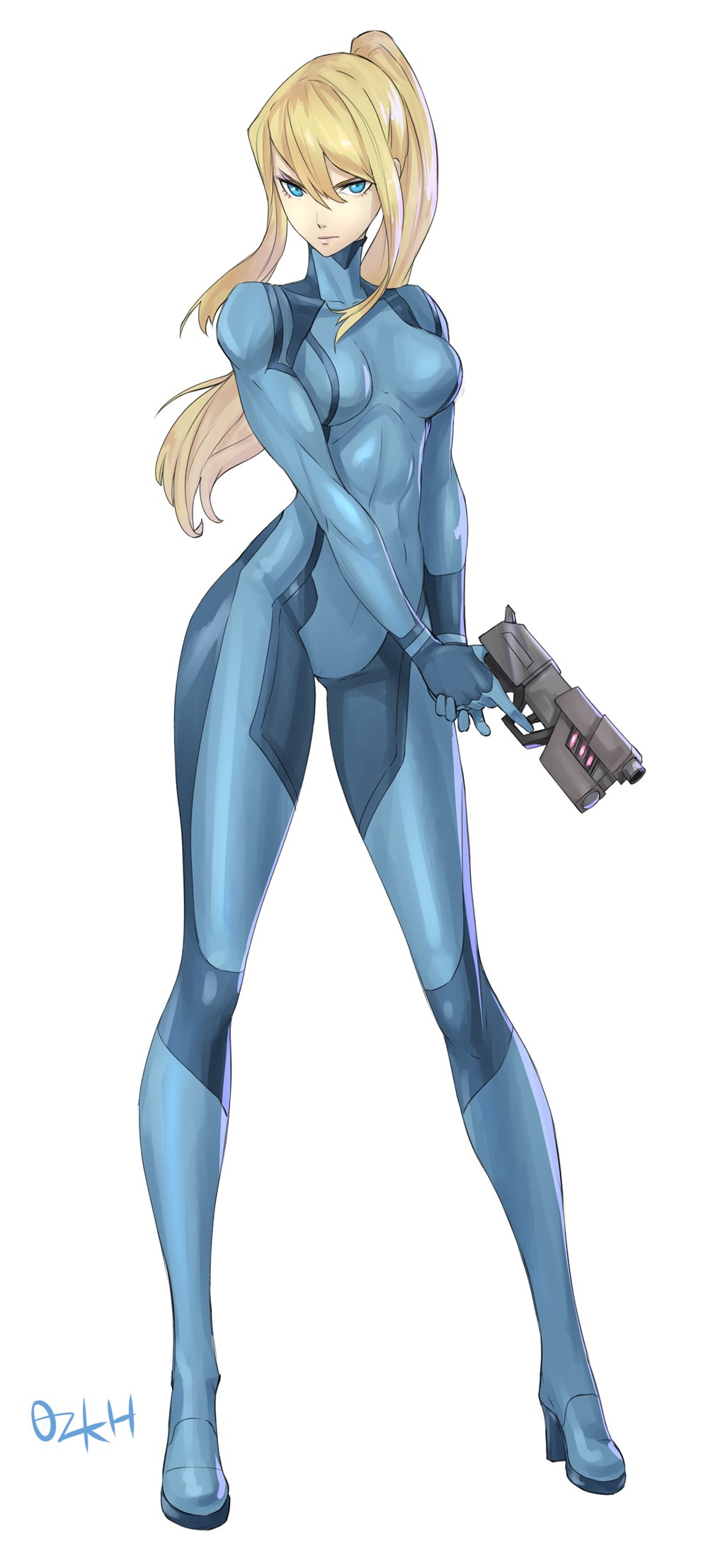 1girl artist_name blonde_hair blue_bodysuit blue_eyes blush bodysuit breasts covered_navel directed-energy_weapon energy_gun energy_weapon frown full_body glowing glowing_gun glowing_weapon gun hair_between_eyes handgun high_heels highres holding holding_weapon long_hair looking_at_viewer medium_breasts metroid nintendo ozkh paralyzer pistol ponytail samus_aran serious simple_background skin_tight swept_bangs thighs weapon white_background zero_suit