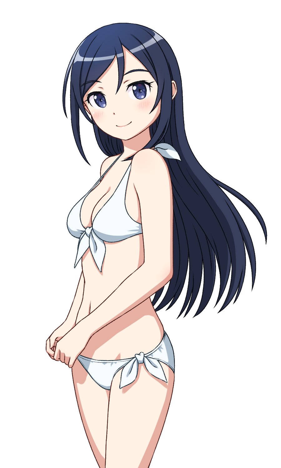 1girl aragaki_ayase bikini blue_eyes blue_hair blush breasts hama!_(3toshinhmkz) highres long_hair looking_at_viewer ore_no_imouto_ga_konna_ni_kawaii_wake_ga_nai simple_background small_breasts smile solo swimsuit white_background white_bikini