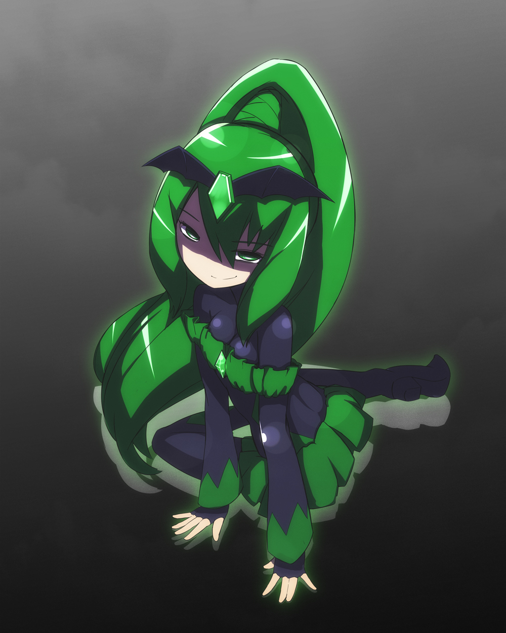 bad_end_march bad_end_precure black_bodysuit black_headwear bodysuit breasts dark_persona frilled_sleeves frills green_eyes green_hair highres leaning_forward looking_at_viewer ponytail precure shaded_face sitting small_breasts smile smile_precure! yamako_(yamak0)