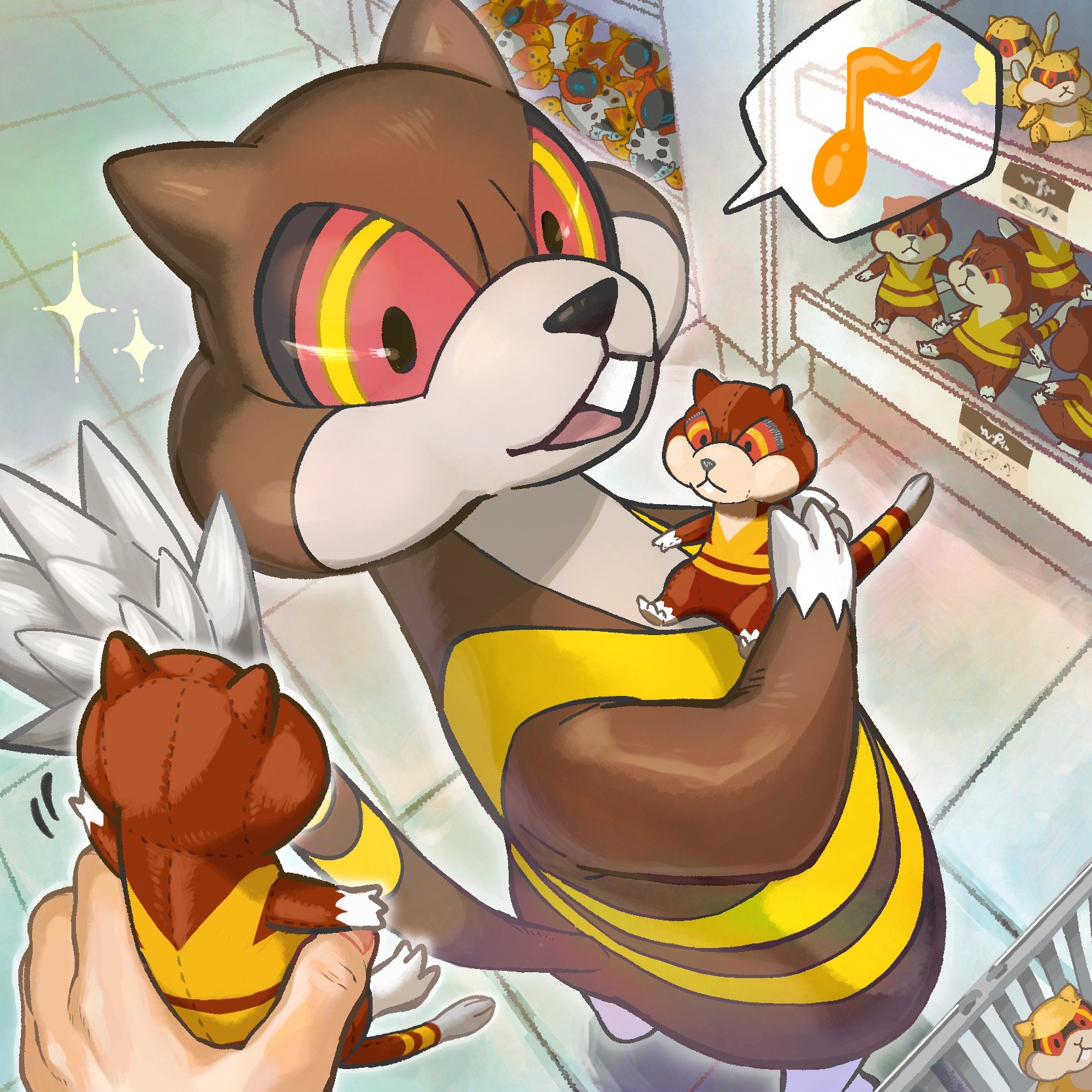 1other character_doll commentary_request doll gen_5_pokemon highres holding holding_doll looking_back mihoruggu musical_note nintendo open_mouth patrat pokemon pokemon_(creature) shelf shopping_basket sparkle spoken_musical_note standing stitches tile_floor tiles volcarona watchog