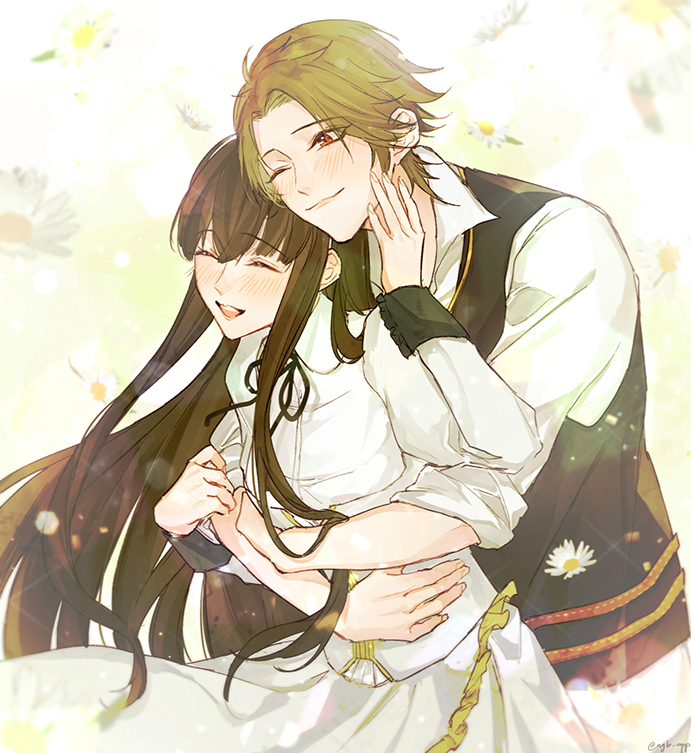 1boy 1girl blush brown_eyes brown_hair clock_zero dress hetero hug hug_from_behind jouhouya_(clock_zero) kaori kurou_nadeshiko long_hair long_sleeves looking_at_another one_eye_closed open_mouth short_hair smile white_dress