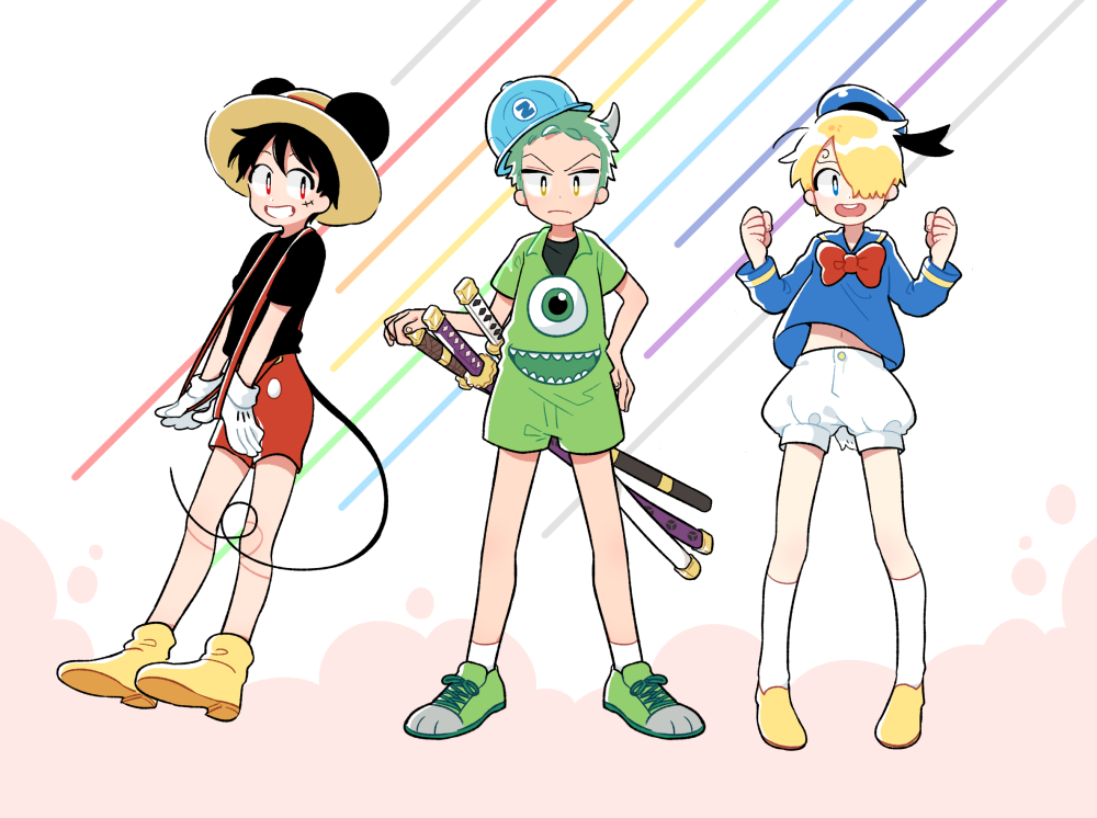 3boys aged_down animal_ears ankle_socks bird_boy bird_tail black_hair black_shirt blonde_hair blue_eyes boots bow bowtie child clothes_pull clothing_request commentary cosplay curly_eyebrows disney donald_duck donald_duck_(cosplay) expressionless facial_scar flats full_body gloves green_eyes green_footwear green_hair hair_over_one_eye hand_on_own_hip hand_on_weapon hands_up hard_hat hat helmet horns kneehighs laces long_bangs mickey_mouse mickey_mouse_&amp;_friends mickey_mouse_(cosplay) mike_wazowski mike_wazowski_(cosplay) mob0322 monkey_d._luffy monsters_inc. mouse_boy mouse_ears mouse_tail multiple_boys multiple_swords one_piece open_mouth overalls puffy_shorts red_bow red_bowtie red_eyes red_overalls roronoa_zoro sailor_collar sailor_hat sailor_shirt sanji_(one_piece) scar scar_on_cheek scar_on_face sharp_teeth shirt shoes short_hair short_sleeves shorts simple_background smile socks straw_hat suspenders sword tail teeth v-shaped_eyebrows weapon white_background white_gloves yellow_boots yellow_shoes