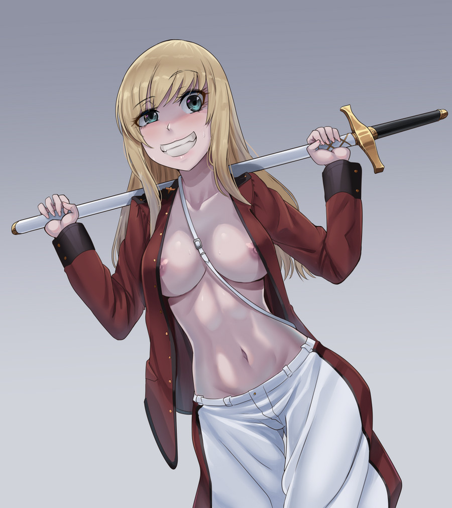 1girl abs adapted_costume blonde_hair blue_eyes blush breasts cavalry_sword crazy_smile earl_grey_(girls_und_panzer) girls_und_panzer hip_bones holding holding_sword holding_weapon jacket large_breasts long_hair nico-mo nipples no_bra pants partially_unbuttoned partially_undressed red_jacket smile st._gloriana&#039;s_military_uniform straight_hair sword weapon white_pants