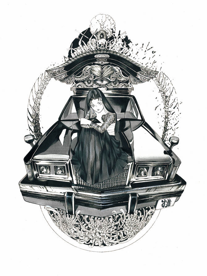 1girl arm_tattoo bare_shoulders car chest_sarashi expressionless flower greyscale hearse hugging_own_legs long_skirt looking_at_viewer monochrome motor_vehicle on_car original peach_momoko pleated_skirt sarashi sitting skirt skull solo spider_lily tattoo vehicle_request white_background