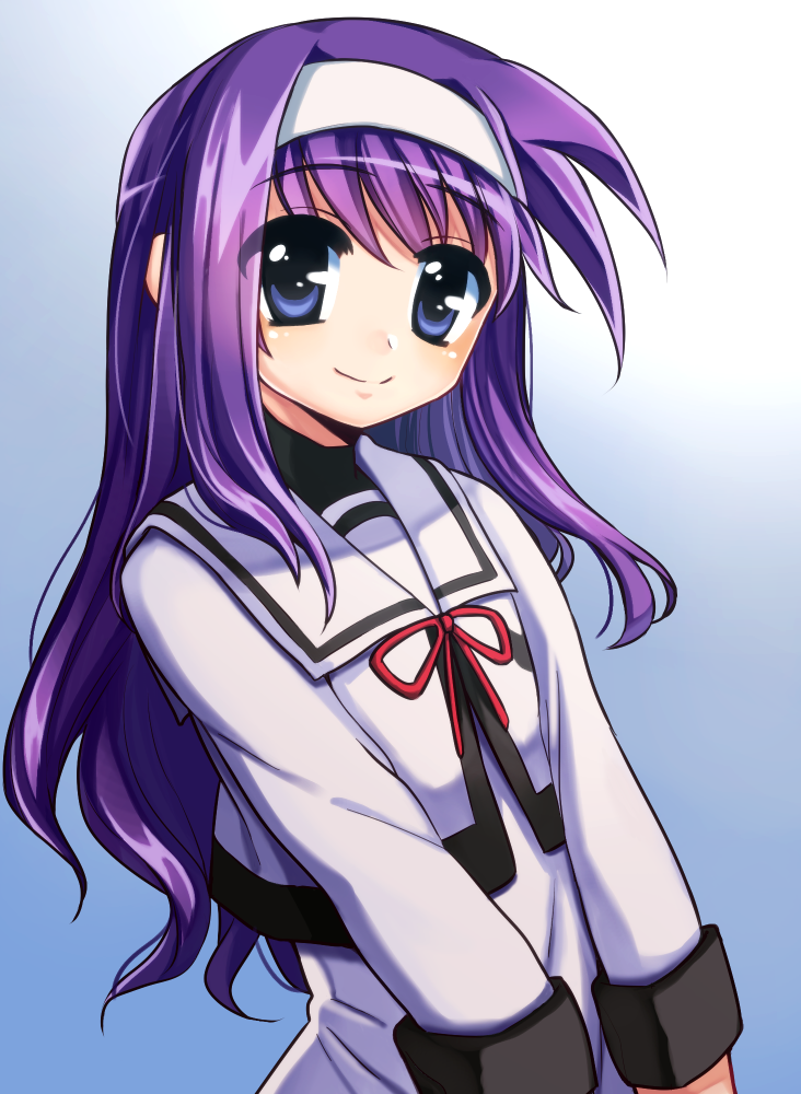 1girl blue_eyes blush closed_mouth female_focus gradient_background hairband hukin_ame long_hair looking_at_viewer lyrical_nanoha purple_hair smile solo tsukimura_suzuka upper_body