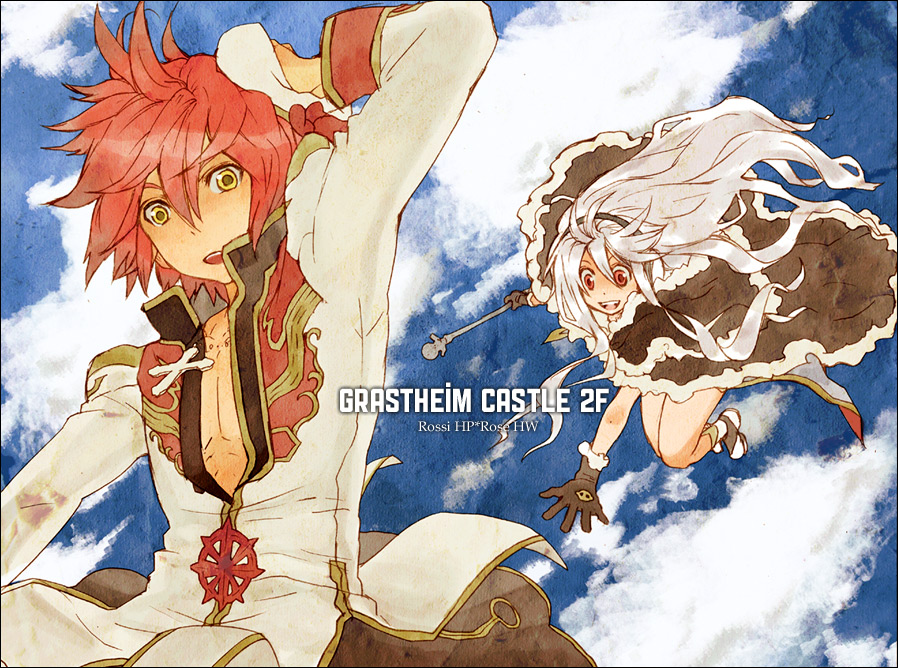 1boy 1girl bad_id black_coat blue_sky brown_cape brown_gloves cape character_name cloud coat cross cross_necklace cross_of_prontera english_text engrish_text falling full_body fur-trimmed_cape fur-trimmed_gloves fur_trim gloves gold_trim headphones high_priest_(ragnarok_online) high_wizard_(ragnarok_online) holding holding_staff jewelry lala_(sputnik) long_hair long_sleeves multicolored_coat necklace open_mouth pink_hair ragnarok_online ranguage red_coat red_eyes short_hair sky smile staff two-tone_coat white_coat white_hair yellow_eyes