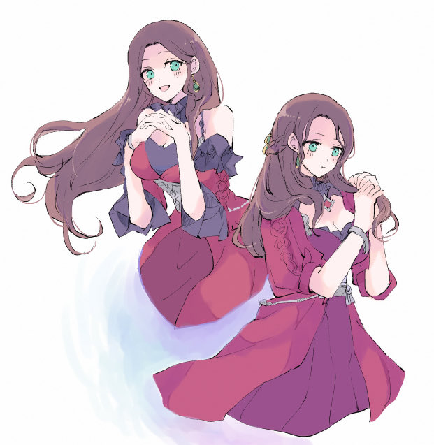 1girl :d :t blush breasts brown_hair cleavage commentary_request dorothea_arnault dorothea_arnault_(timeskip) earrings fire_emblem fire_emblem:_three_houses green_eyes holding holding_own_hair jewelry kitano_373 large_breasts long_hair looking_at_viewer multiple_views nintendo open_mouth simple_background smile white_background
