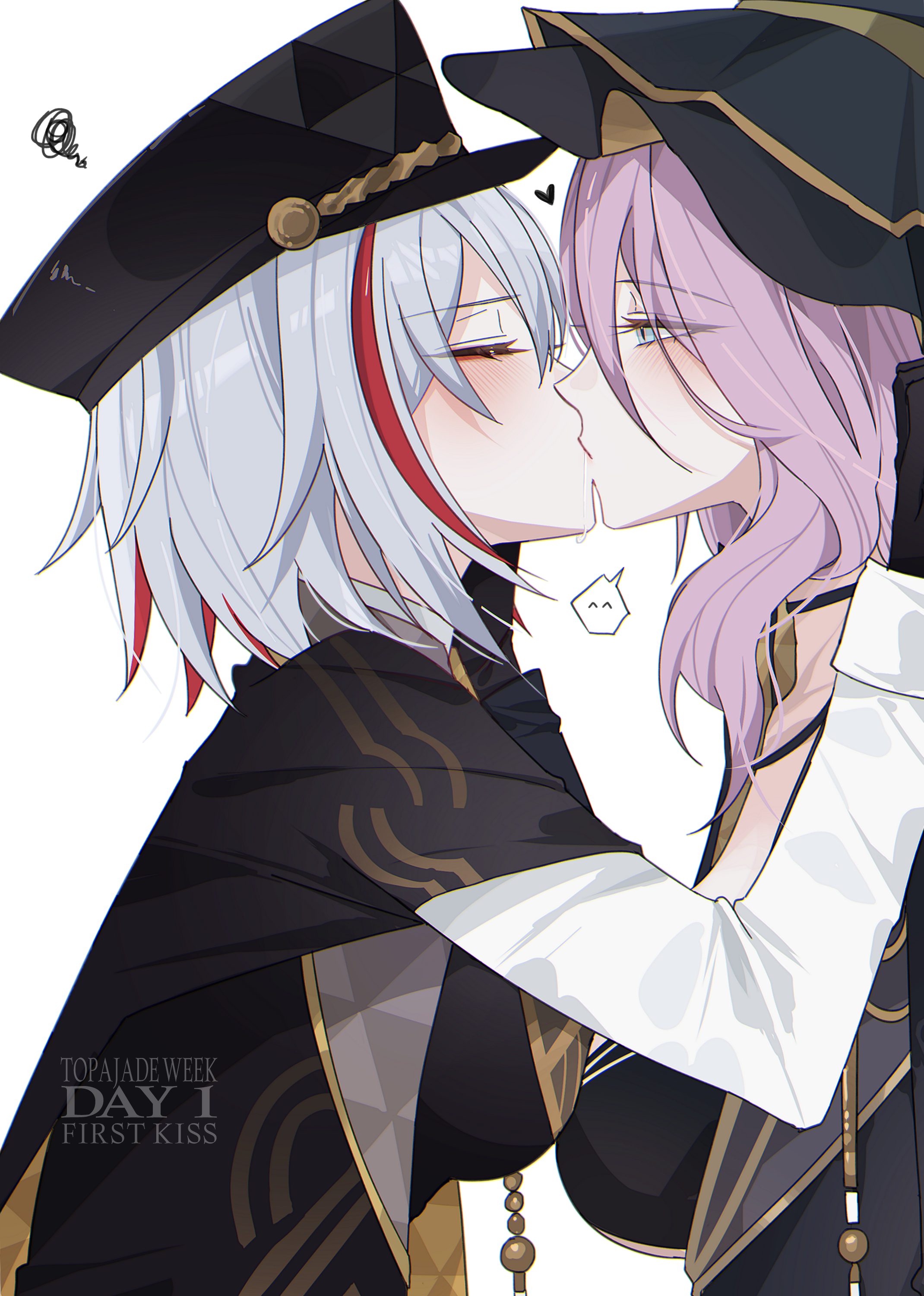 2girls absurdres black_gloves black_hat black_jacket blue_eyes blush breasts closed_eyes commentary facing_another from_side gloves hat heart highres honkai:_star_rail honkai_(series) jacket jade_(honkai:_star_rail) jade_(stoneheart&#039;s_oath_ring)_(honkai:_star_rail) kiss large_breasts long_hair long_sleeves looking_at_another multicolored_hair multiple_girls official_alternate_costume purple_hair red_hair seol_(baconontheclock) shirt short_hair simple_background squiggle streaked_hair topaz_(honkai:_star_rail) topaz_(stoneheart&#039;s_oath_ring)_(honkai:_star_rail) white_background white_hair white_shirt yuri