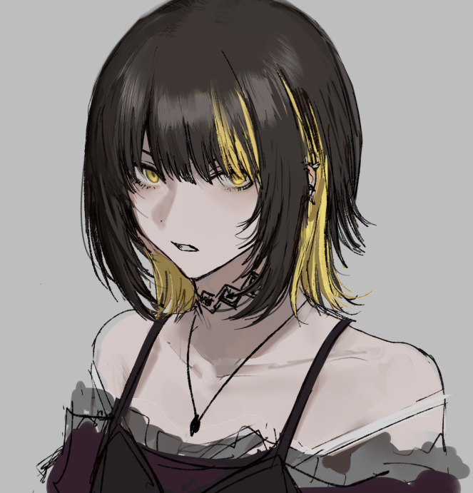 1girl black_hair blonde_hair commentary_request earrings grey_background hirota_tsuu idolmaster idolmaster_shiny_colors ikaruga_luca jewelry looking_at_viewer multicolored_hair necklace parted_lips portrait short_hair simple_background solo streaked_hair two-tone_hair yellow_eyes