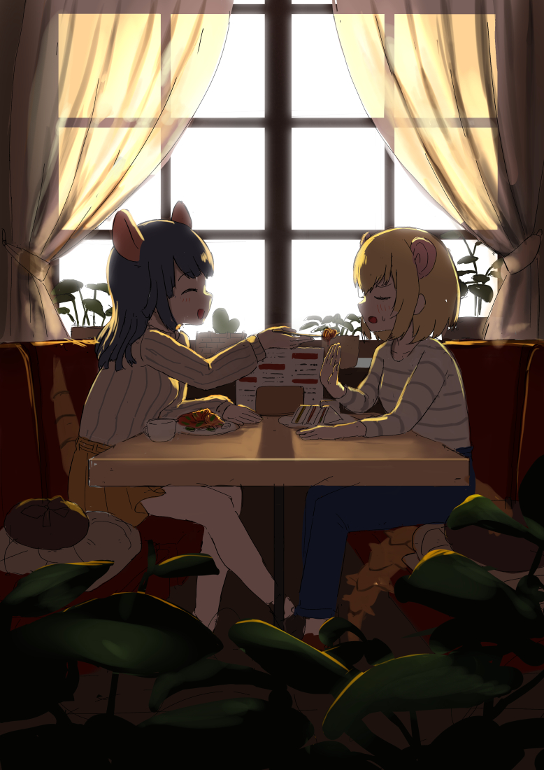 2girls alternate_costume armadillo_ears armadillo_tail blonde_hair blue_hair blue_pants blush extra_ears food giant_armadillo_(kemono_friends) giant_pangolin_(kemono_friends) kemono_friends kemono_friends_3 long_hair long_sleeves multiple_girls official_alternate_costume open_mouth pangolin_ears pangolin_tail pants pasta pleated_skirt shirt sitting skirt sweater white_shirt white_sweater yellow_skirt yumeumi_sousaku