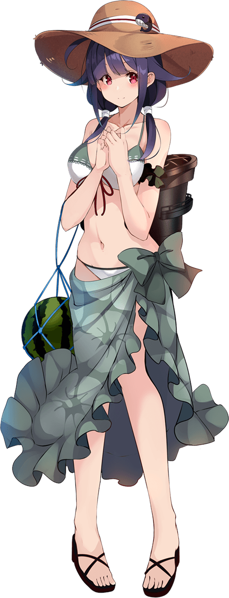 1girl bikini black_hair food fruit full_body green_sarong hat highres kantai_collection kujou_ichiso long_hair official_art red_eyes ryuuhou_(kancolle) ryuuhou_kai_ni_(kancolle) sarong solo sun_hat swimsuit taigei_(kancolle) taigei_(swimsuit)_(kancolle) transparent_background watermelon