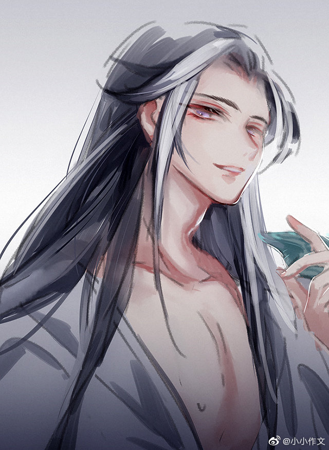 1boy black_hair chinese_clothes chinese_commentary collarbone grey_hanfu grey_robe hand_up hanfu long_hair long_sleeves looking_at_viewer male_focus multicolored_hair open_clothes open_robe parted_bangs parted_lips purple_eyes thousand_autumns:_qian_qiu robe sideways_glance simple_background smile solo streaked_hair upper_body white_background white_hair xiao_xiao_zuowen yan_wushi