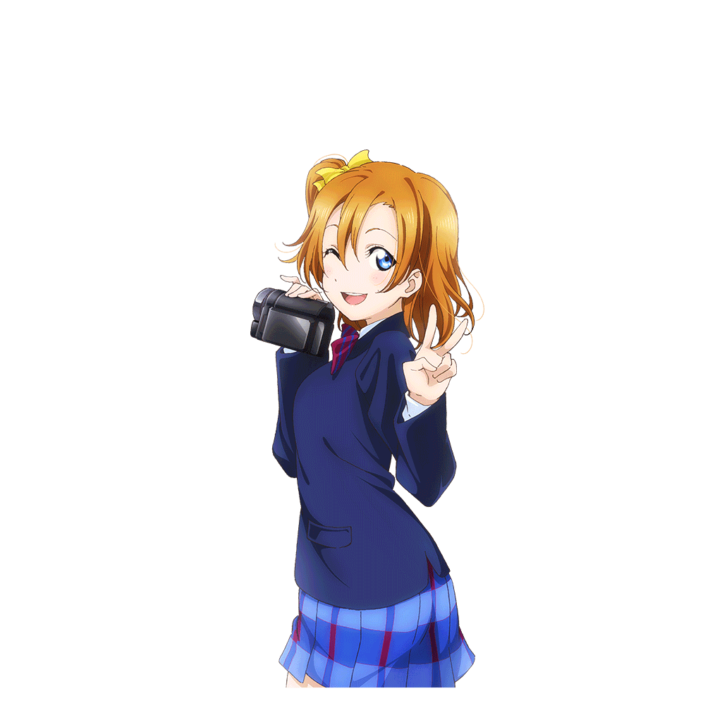 1girl blazer blue_eyes blue_jacket blue_skirt blush bow bowtie camcorder camera cowboy_shot diagonal-striped_bow diagonal-striped_bowtie diagonal-striped_clothes from_side hair_between_eyes hair_bow hands_up holding holding_camera jacket kosaka_honoka long_sleeves looking_at_viewer looking_to_the_side love_live! love_live!_school_idol_festival love_live!_school_idol_project medium_hair murota_yuuhei official_art one_eye_closed one_side_up open_mouth orange_hair otonokizaka_school_uniform plaid_clothes plaid_skirt pleated_skirt red_bow red_bowtie school_uniform shirt skirt smile solo striped_clothes teeth transparent_background upper_teeth_only v video_camera white_shirt winter_uniform yellow_bow