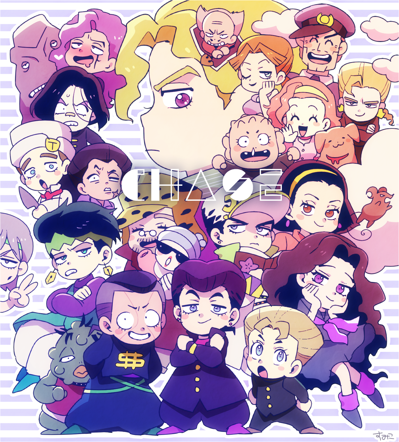 5girls 6+boys arnold_(jojo) atom_heart_father_(stand) baby bandaid bandaid_on_face bandaid_on_nose black_hair blonde_hair blood blue_eyes blush blush_stickers book carrying chef chef_hat chibi choker cleft_chin clenched_teeth closed_eyes cloud crossed_arms diamond_wa_kudakenai dog dollar_sign drooling earrings facial_hair facial_mark frown gakuran glasses grey_hair hairband hand_on_own_face hands_on_own_cheeks hands_on_own_face hat hazamada_toshikazu hazekura_mikitaka headband higashikata_josuke higashikata_ryohei higashikata_tomoko highres hirose_koichi jewelry jojo_no_kimyou_na_bouken joseph_joestar joseph_joestar_(old) katagiri_anjuro kira_yoshihiro kira_yoshikage kishibe_rohan knife kuujou_joutarou lipstick long_coat long_hair makeup mouse_(animal) multicolored_hair multiple_boys multiple_girls mustache nijimura's_father nijimura_keicho nijimura_okuyasu one_eye_closed open_mouth otoishi_akira oyanagi_ken pink_hair police_hat pompadour purple_eyes purple_hair raised_eyebrow raised_eyebrows red_lips scar school_uniform serafuku shizuka_joestar slit_throat smile snot stand_(jojo) starfish stud_earrings sugimoto_reimi sumiko_(skbsu) sunglasses sweatdrop teeth tonio_trussardi tsuji_aya two-tone_hair v yamagishi_yukako yangu_shigekiyo