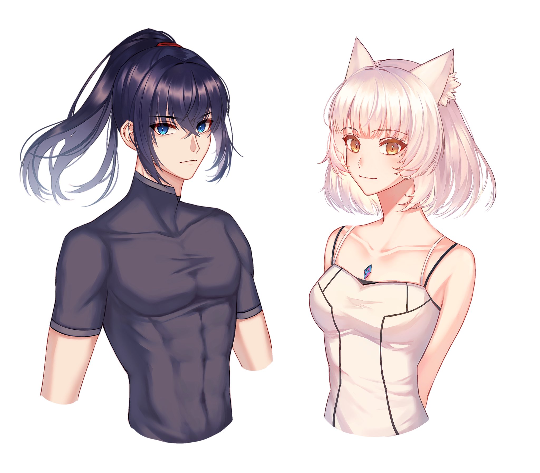 1boy 1girl animal_ear_fluff animal_ears aqing_1229 arms_behind_back black_hair blue_eyes breasts cat_ears cat_girl closed_mouth collarbone commentary_request cropped_arms cropped_torso crossed_bangs eyelashes hair_between_eyes high_ponytail highres korean_commentary looking_at_viewer medium_breasts mio_(xenoblade) noah_(xenoblade) ponytail toned toned_male xenoblade_chronicles_(series) xenoblade_chronicles_3 yellow_eyes