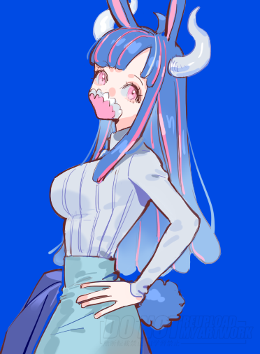 1girl animal_ears blue_background blue_hair blue_skirt breasts covered_mouth curled_horns from_side hand_on_own_hip horns large_breasts long_hair long_sidelocks long_sleeves looking_at_viewer mask mouth_mask multicolored_hair one_piece pink_eyes pink_hair pink_mask rabbit_ears rabbit_girl rabbit_tail raine_(acke2445) ribbed_shirt shirt sidelocks simple_background skirt solo streaked_hair tail ulti_(one_piece) white_horns white_shirt