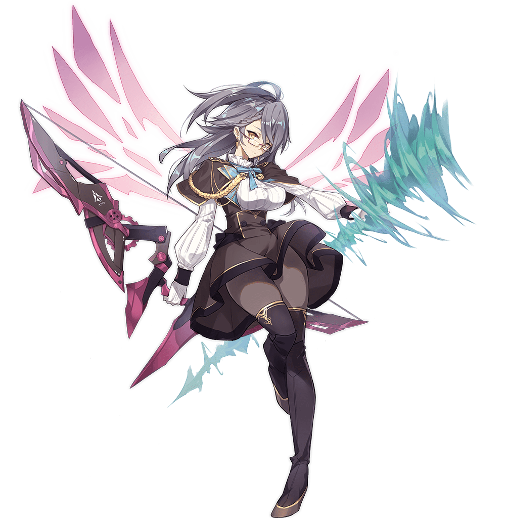 1girl ahoge ark_order black_boots black_pantyhose black_skirt boots breasts energy_wings full_body gloves gold_trim grey_hair high-waist_skirt kzhu large_breasts long_hair long_sleeves official_art pantyhose puffy_long_sleeves puffy_sleeves purple_wings rectangular_eyewear red-framed_eyewear shirt skirt solo tachi-e thigh_boots thighhighs transparent_background vedrfolnir_(ark_order) weapon white_gloves white_shirt wings yellow_eyes