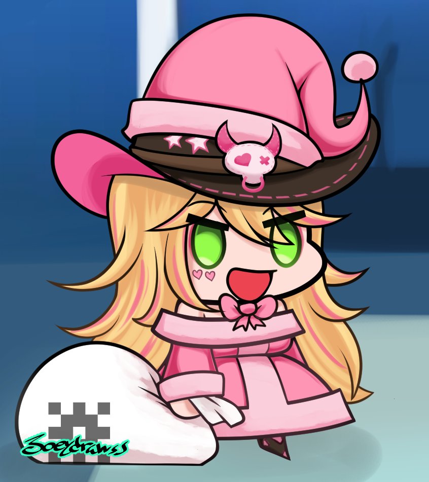 1girl :d artist_name bag blonde_hair blurry blurry_background bow bowtie breasts brown_hat chibi commentary cowboy_hat dress english_commentary eyeshadow facial_mark fur-trimmed_dress fur-trimmed_headwear fur_trim green_eyes hair_between_eyes hat heart heart_facial_mark holding holding_bag joeydrawss long_hair lulu_lasso makeup meme multicolored_hair nexas_(vtuber) off-shoulder_dress off_shoulder open_mouth padoru_(meme) pink_bow pink_bowtie pink_dress pink_eyeshadow pink_hair pink_hat pom_pom_(clothes) shadow smile solo streaked_hair virtual_youtuber