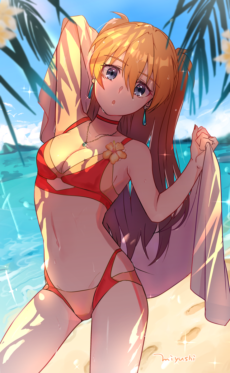 1girl :o abicomiyushi arm_up artist_name bare_shoulders beach bikini blue_eyes breasts brown_hair cleavage collarbone commentary cowboy_shot earrings flower hair_between_eyes hibiscus highres holding holding_towel jewelry long_hair looking_at_viewer medium_breasts nail_polish navel necklace neon_genesis_evangelion ocean pendant red_bikini red_nails sand souryuu_asuka_langley stomach swimsuit towel wet