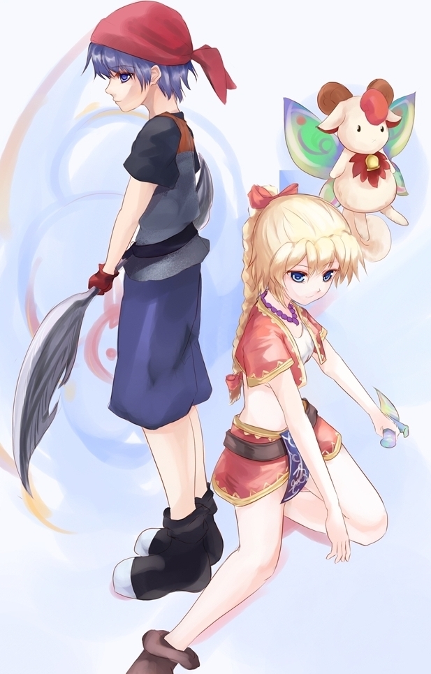 bandana blonde_hair blue_eyes blue_hair braid chrono_(series) chrono_cross dagger double_blade jacket jewelry kid_(chrono_cross) knife long_hair mike_(pixiv741764) miniskirt necklace pip red_ribbon ribbon serge_(chrono_cross) short_hair shorts single_braid skirt tank_top weapon
