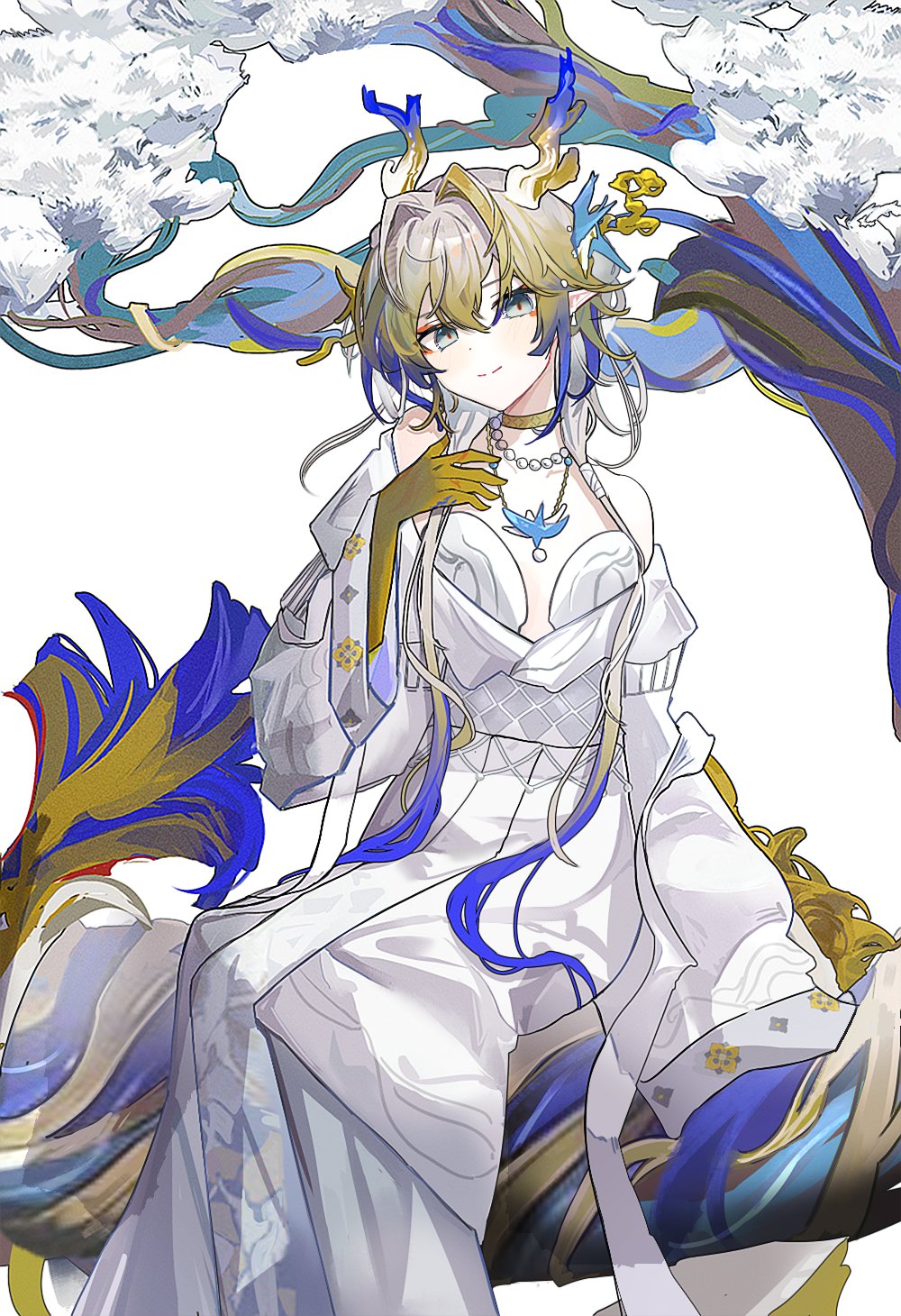 1girl ambience_synesthesia arknights bare_shoulders blonde_hair blue_hair blue_horns choker collarbone colored_extremities commentary_request dragon_girl dress eastern_dragon_horns eastern_dragon_tail eyeliner grey_eyes hand_on_own_chest highres horns jewelry long_hair long_sleeves looking_at_viewer makeup multicolored_hair multicolored_horns necklace off-shoulder_dress off_shoulder official_alternate_costume orange_eyeliner orange_pupils pearl_necklace ricefox_(nonametofu) shu_(arknights) shu_(bingwenyuyou)_(arknights) sitting smile solo tree white_dress white_hair white_horns wide_sleeves yellow_choker yellow_hands yellow_horns