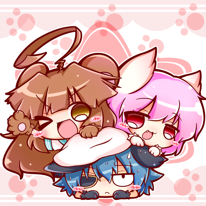 &gt;_o 10s 3girls :3 ;d ahoge animal_ears animal_hands bear_ears blue_hair blush_stickers brown_eyes brown_hair cat_ears chibi dog_ears eyepatch hat kantai_collection kemonomimi_mode kiso_(kancolle) kuma_(kancolle) long_hair lying_on_person multiple_girls one_eye_closed open_mouth pink_eyes pink_hair ritateo school_uniform serafuku short_hair smile sweat tama_(kancolle)