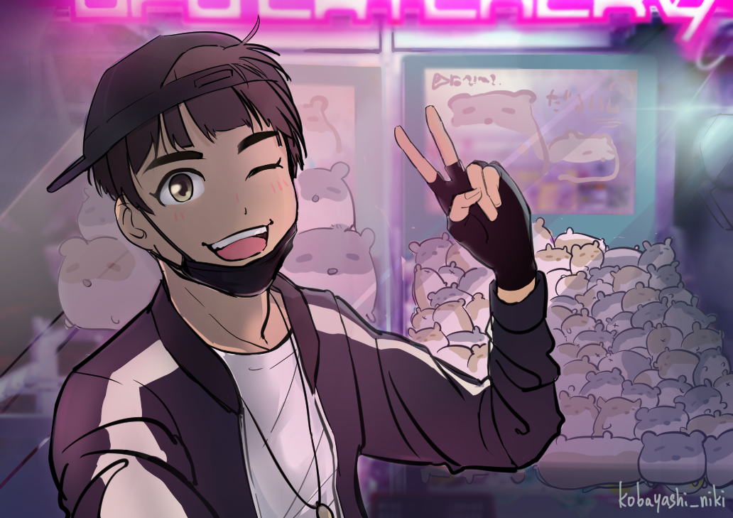 10s 1boy ;d artist_name backwards_hat baseball_cap black_hair fingerless_gloves gloves grey_eyes hat kobayashi_niki male_focus mask mouth_mask one_eye_closed open_mouth phichit_chulanont reaching reaching_towards_viewer selfie smile stuffed_animal stuffed_hamster stuffed_toy surgical_mask v yuri!!!_on_ice