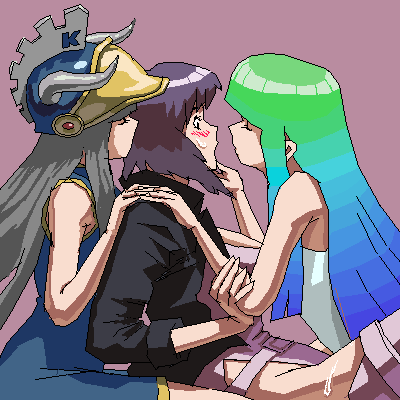 3girls bare_shoulders bird blue_hair blush closed_eyes commentary crossover fake_horns ghost_in_the_shell gradient_hair green_hair helmet hime_cut horned_helmet horns imminent_kiss jacket kusanagi_motoko leotard lindows linux linux-tan long_hair lowres multicolored_hair multiple_girls oekaki open_clothes open_jacket os-tan penguin purple_background purple_hair rakugaki rakugaki_(artist) role_reversal short_hair sidelocks silver_hair simple_background thighhighs yuri