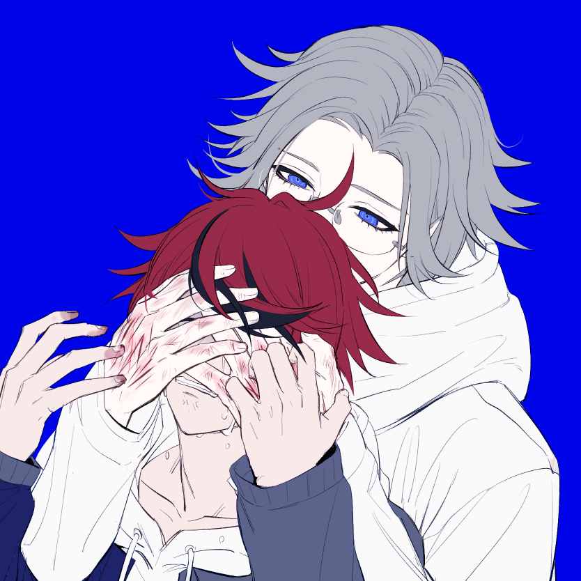 2boys aotsuki_eito blood blood_on_hands blue_background blue_eyes clenched_teeth covering_another&#039;s_eyes crying drawstring glasses grey_hair hands_up hood hooded_jacket hoodie injury jacket male_focus multicolored_hair multiple_boys red_hair scratches scratching seiran_yoroz short_hair simple_background streaked_hair sumino_takumi teeth the_hundred_line_-last_defense_academy- white_hoodie white_jacket