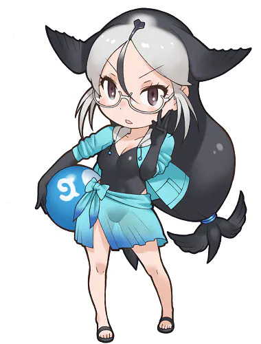 1girl black_eyes black_hair california_sea_lion_(kemono_friends) glasses grey_hair hood hoodie kemono_friends long_hair looking_at_viewer lowres multicolored_hair official_art simple_background solo tachi-e two-tone_hair yoshizaki_mine