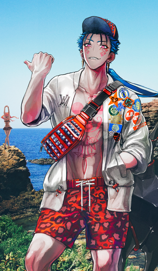 1boy 1girl abs arms_up bare_legs bikini bikini_skirt black_bikini black_tail blue_hair blue_sky brand_name_imitation buckle cheek_tattoo chest_tattoo collarbone commentary crossed_legs cu_chulainn_(fate) cu_chulainn_alter_(fate) cu_chulainn_alter_(under_the_same_sky)_(fate) day drawstring earrings facial_tattoo fanny_pack fate/grand_order fate_(series) feet_out_of_frame hand_in_pocket horizon jacket jewelry long_hair looking_at_viewer low_ponytail male_focus male_swimwear medb_(fate) medb_(swimsuit_saber)_(fate) medb_(swimsuit_saber)_(second_ascension)_(fate) median_furrow no_shirt ocean official_art open_clothes open_jacket outdoors own_hands_together parted_lips photo_background pink_hair pointing_with_thumb ponytail red_bag red_eyes red_male_swimwear red_tattoo sharp_teeth shimadoriru sky smile spiked_bag standing swim_trunks swimsuit tattoo teeth third-party_source toned toned_male twintails white_jacket zipper zipper_pull_tab