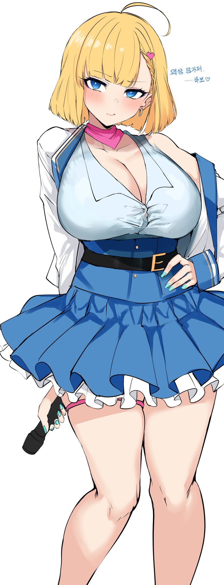 1girl agetama aqua_nails blonde_hair blue_eyes blue_skirt blush breasts cleavage closed_mouth earrings feet_out_of_frame griffon_(last_origin) hair_ornament heart highres holding jewelry korean_text large_breasts last_origin long_sleeves nail_polish off_shoulder short_hair simple_background single_bare_shoulder skirt solo thighs translation_request white_background
