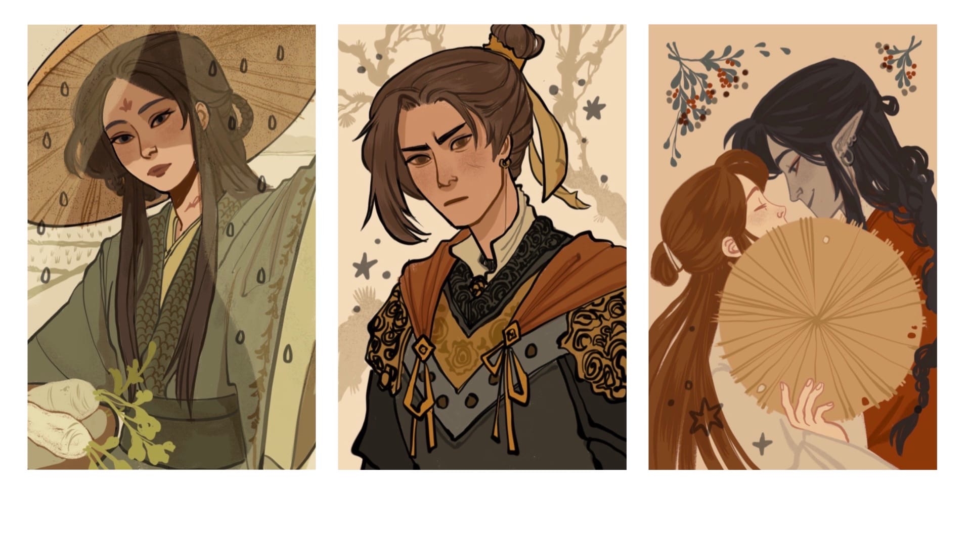 1girl 3boys armor black_eyes black_hair border braid brown_eyes brown_hair brown_hat cape chinese_clothes closed_eyes closed_mouth collage colored_skin earrings expressionless eyeliner facial_mark feng_xin food forehead_mark frown green_hanfu grey_skin hair_bun hanfu hat height_difference highres holding holding_food holding_unworn_clothes holding_unworn_hat holding_vegetable hua_cheng imminent_kiss jewelry long_hair long_sleeves makeup multiple_boys multiple_earrings orange_cape outdoors portrait red_eyeliner red_hanfu ribbon rice_hat russian_commentary see-through_clothes see-through_veil shoulder_armor single_braid single_hair_bun smile tianguan_cifu unworn_hat unworn_headwear vegetable veil white_border white_hanfu xie_lian yaoi yaroslava_murashko yellow_ribbon yushi_huang