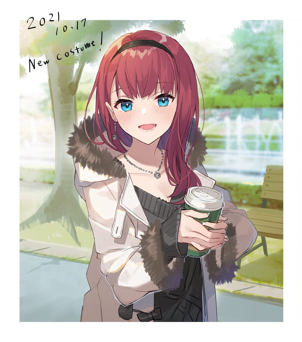 1girl asahina_akane_(2nd_costume)_(nijisanji) asahina_akane_(nijisanji) bench black_bow black_hairband black_sweater blue_eyes blush bow breasts cleavage coat collarbone cup dated disposable_coffee_cup disposable_cup earrings eihi english_text fur-trimmed_jacket fur_trim hairband holding holding_cup jacket jewelry long_sleeves looking_at_viewer lower_teeth_only medium_breasts medium_hair necklace nijisanji official_art open_clothes open_coat open_mouth outdoors park_bench red_hair single_earring smile solo sweater teeth tree virtual_youtuber white_coat