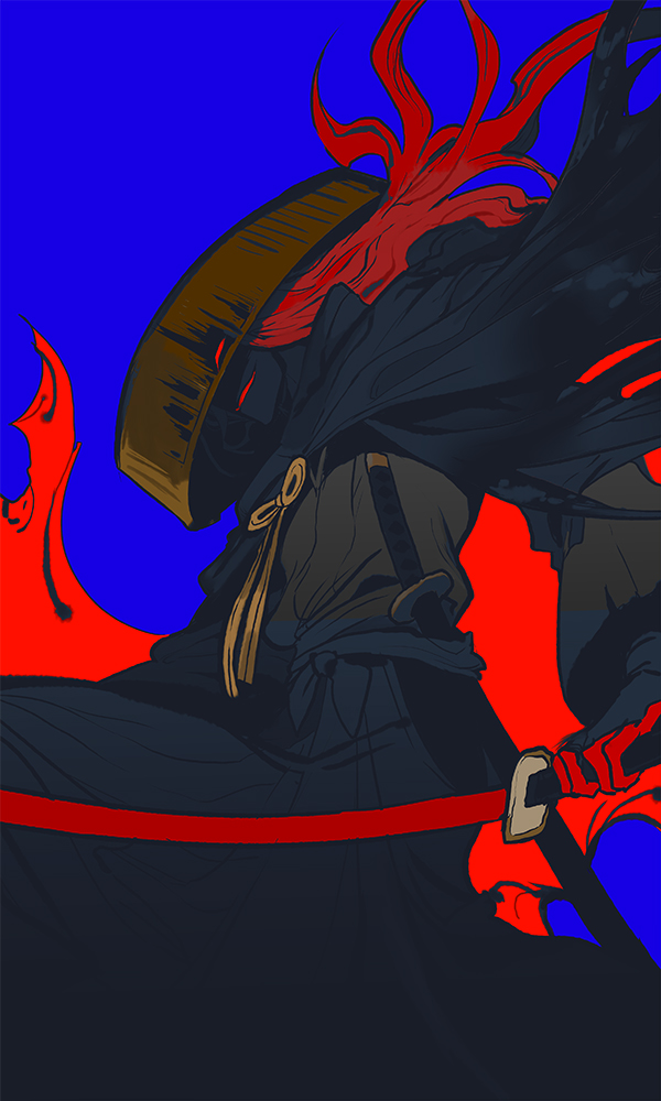 1boy black_gloves blue_background character_request fate_(series) gloves grin hat holding holding_sword holding_weapon kaifei_(kaifei_29) katana long_hair male_focus okada_izou_(second_ascension)_(fate) parted_lips red_eyes red_hair rice_hat sandogasa scabbard shaded_face sheath sheathed simple_background smile solo sword torn torn_clothes weapon