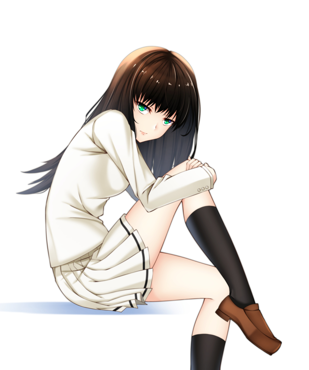 1girl black_socks blazer brown_hair brown_shoes closed_mouth female_focus from_side green_eyes healther highres innocent_grey jacket kara_no_shoujo kneehighs kuchiki_touko loafers long_hair long_sleeves looking_at_viewer pleated_skirt shoes simple_background sitting skirt socks solo white_background
