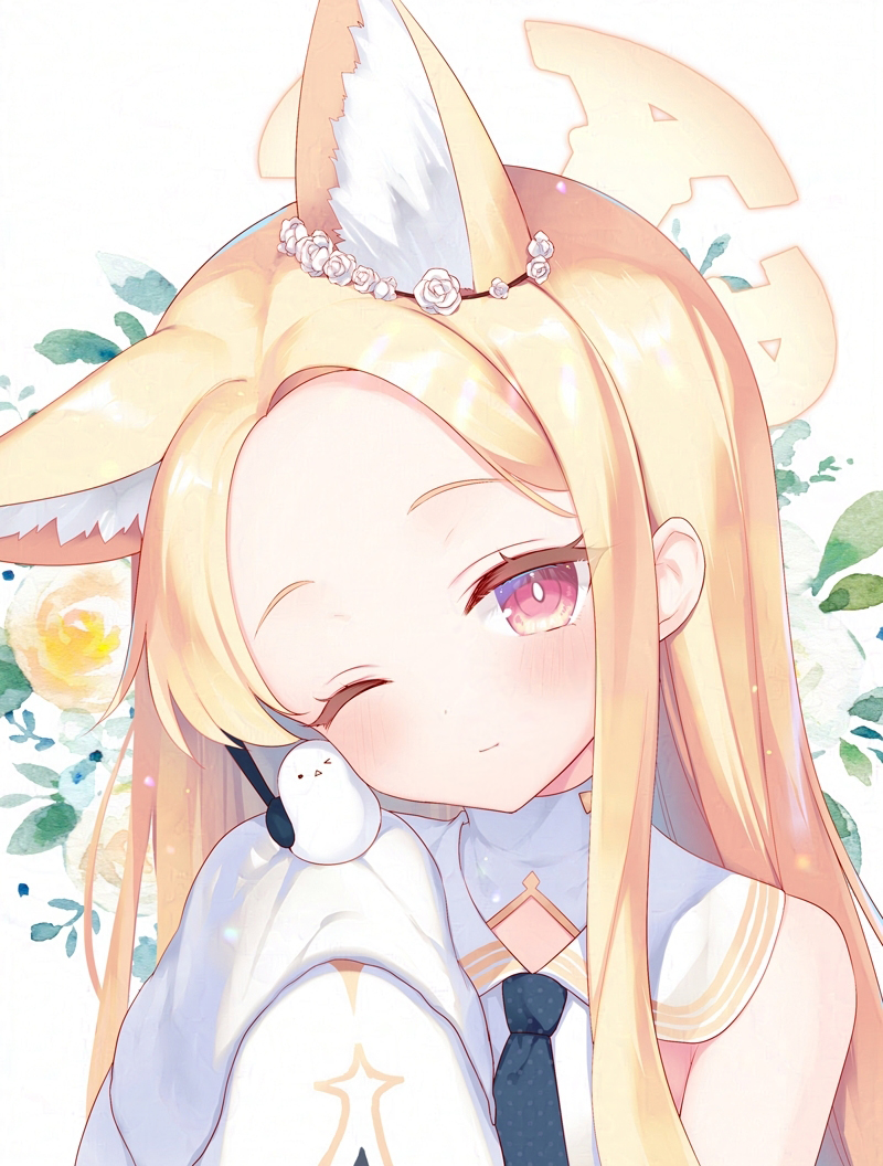&gt;_o 1girl ;) animal animal_ear_fluff animal_ears bird blonde_hair blue_archive blush bright_pupils closed_mouth commentary floral_background flower forehead fox_ears halo head_tilt light_smile long_hair long_sleeves looking_at_viewer one_eye_closed parted_bangs red_eyes sazaki_ichiri seia_(blue_archive) smile solo straight_hair upper_body white_flower white_pupils yellow_halo