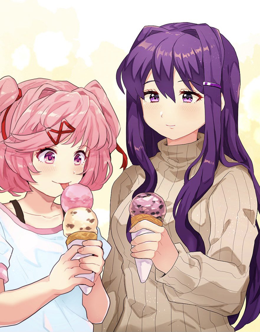 2girls blush bra_strap brown_sweater chiimako closed_mouth collarbone commentary_request doki_doki_literature_club multiple_scoops eyelashes food hair_between_eyes hair_intakes hair_ornament hair_ribbon hairclip hand_up hands_up holding holding_food holding_ice_cream ice_cream ice_cream_cone long_hair long_sleeves multiple_girls natsuki_(doki_doki_literature_club) pink_eyes pink_hair purple_eyes purple_hair red_ribbon ribbed_sweater ribbon shirt short_hair short_sleeves sidelocks simple_background smile sweater swept_bangs t-shirt tongue tongue_out triple_wielding turtleneck turtleneck_sweater two_side_up upper_body white_background white_shirt x_hair_ornament yellow_background yuri_(doki_doki_literature_club)
