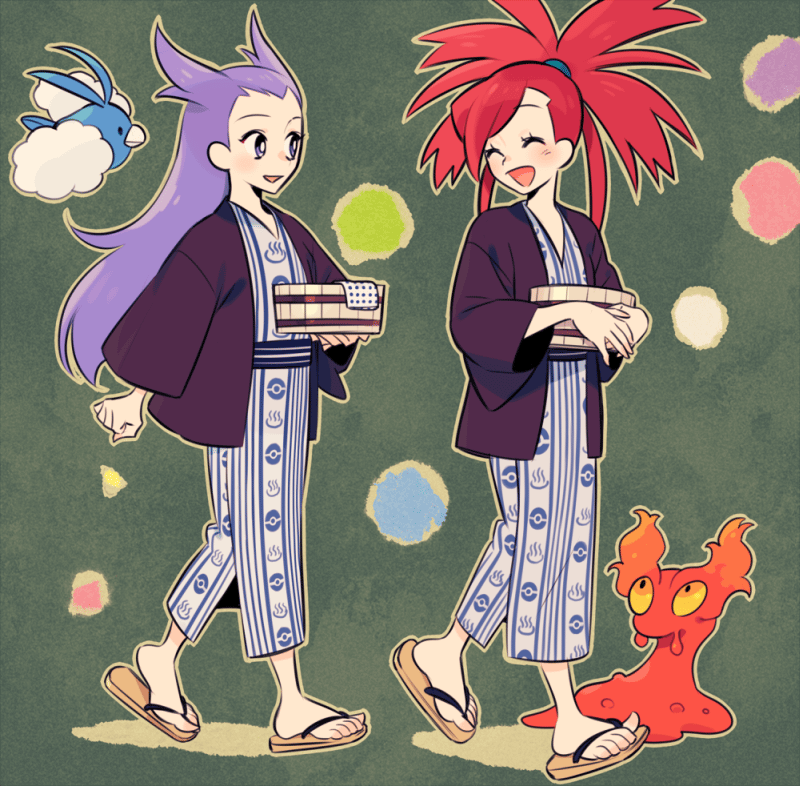 2girls alternate_costume basket closed_eyes flannery_(pokemon) full_body gen_2_pokemon gen_3_pokemon green_background jacket japanese_clothes kimono multiple_girls nintendo open_clothes open_jacket pokemon pokemon_(creature) pokemon_oras purple_hair red_hair sandals slugma swablu ucchii winona_(pokemon)