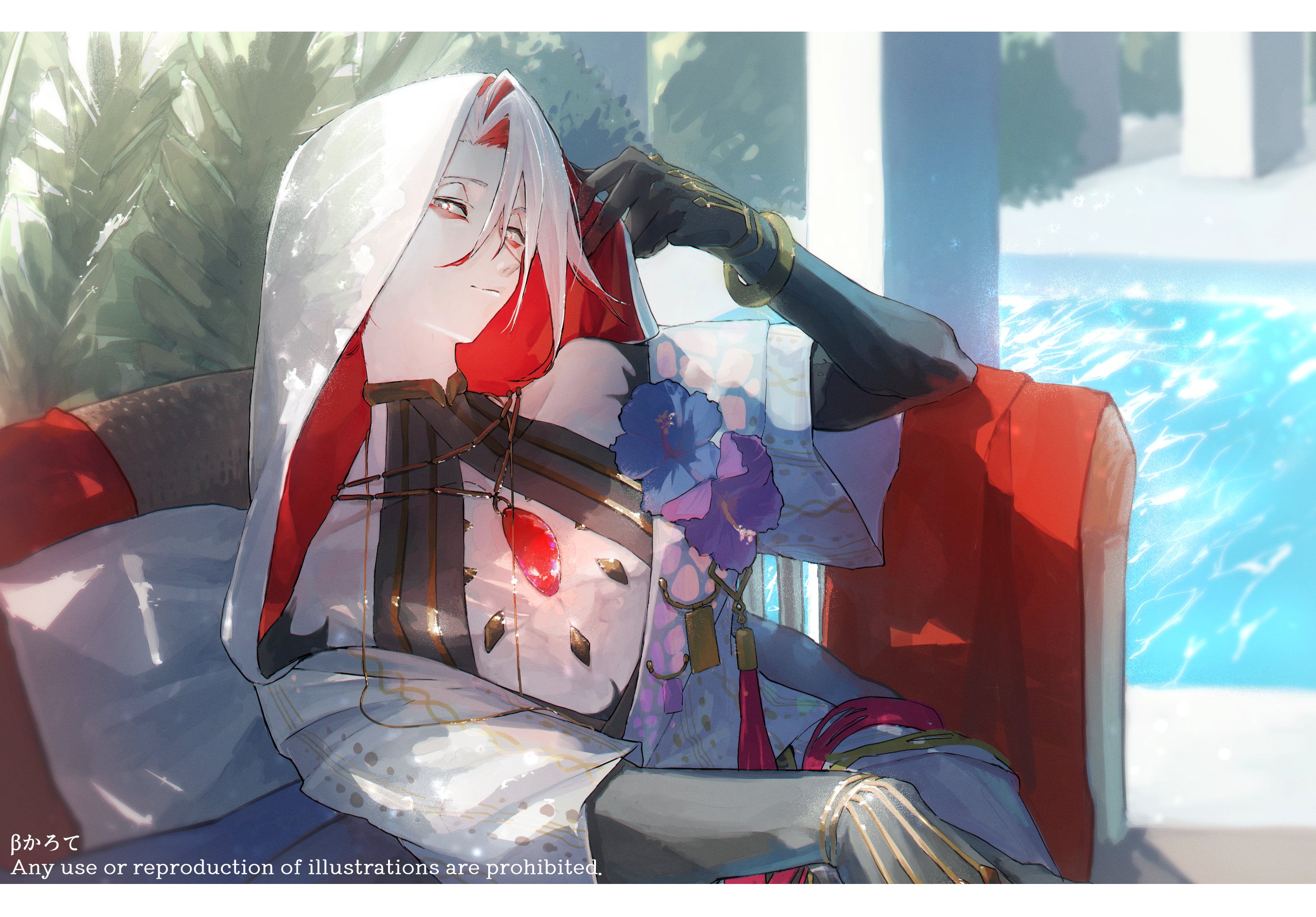 1boy border bracelet chain chest_jewel colored_inner_hair couch eyeshadow eyeshadow_under_eye fate/grand_order fate_(series) flower gold_bracelet gold_chain gold_choker gold_necklace gurukosamon highres hood hood_up jewelry karna_(fate) karna_(summer_outfit)_(fate) looking_at_viewer makeup male_focus multicolored_hair necklace official_alternate_costume open_clothes open_shirt pale_skin red_eyeshadow red_hair shirt short_hair sitting smile solo white_border white_hair white_shirt